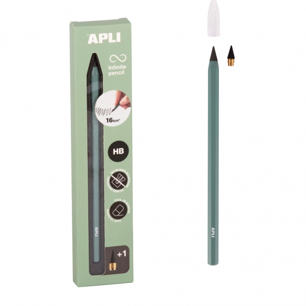 Apli Infinite Pencil Pack De Lapiz Infinito Hb + Mina De Recambio + Tapon Protector - Para Escribir Hasta 16Km - Color Verde