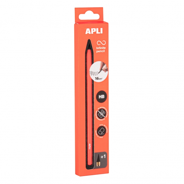 Apli Infinite Pencil Pack De Lapiz Infinito Hb + Mina De Recambio + Tapon Protector - Para Escribir Hasta 16Km - Color Naranja Fluo
