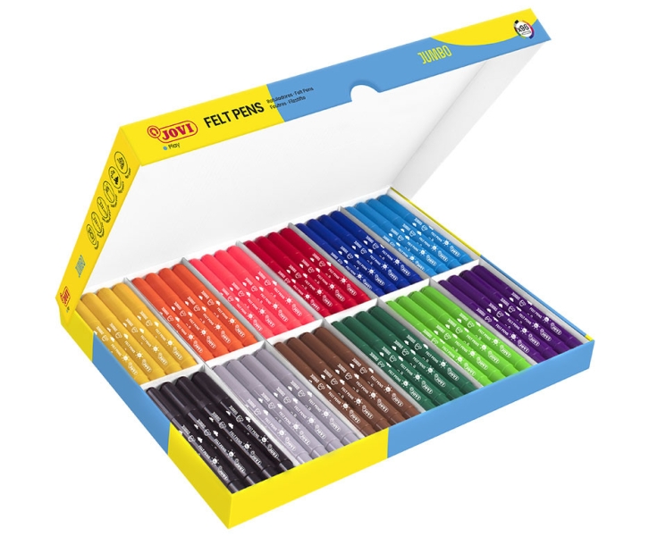Jovi Felt Pens Pack Escolar 96 Rotuladores Jumbo - Punta Resistente - Capuchon Ventilado - Grip Ergonomico - Tinta De Gran Fijacion - Ideal Para Colegios - Colores Surtidos