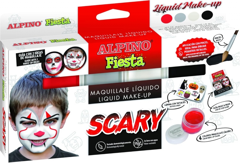 Alpino Fiesta Scary Pack De 4 Botes De Maquillaje Liquido De Diferentes Colores + Pincel + Guia De Ideas - Se Lava Con Agua - Testado Dermatologicamente