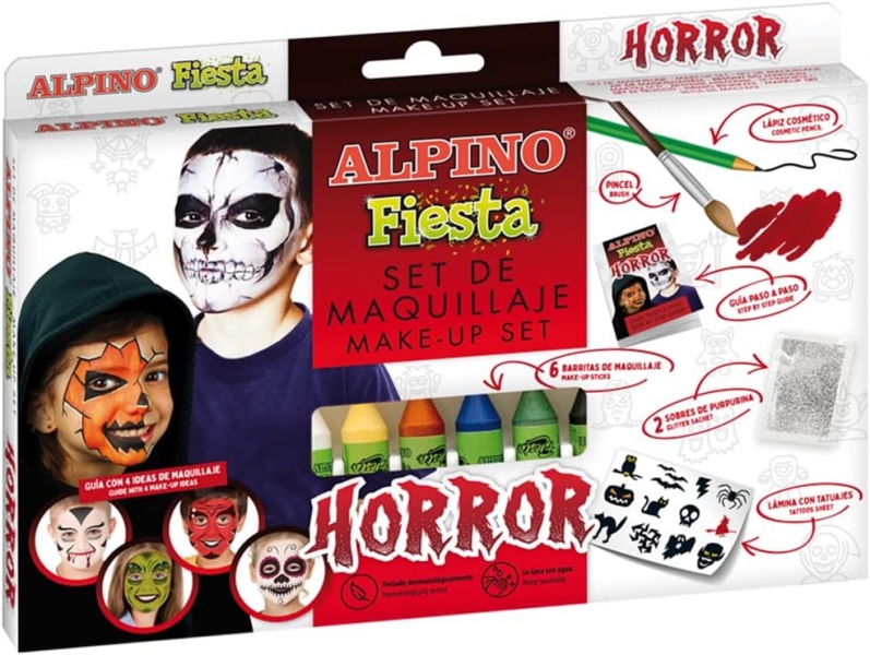 Alpino Fiesta Horror Pack De Maquillaje Con 6 Barritas De Pintura Facial + Pincel + Tatuajes En Calcomania + Lapiz Perfilador Y 2 Sobres De Purpurina - Se Lava Con Agua - Testado Dermatologicamente