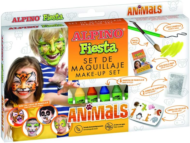 Alpino Fiesta Animales Pack De Maquillaje Con 6 Barritas De Pintura Facial + Pincel + Tatuajes En Calcomania + Lapiz Perfilador Y 2 Sobres De Purpurina - Se Lava Con Agua - Testado Dermatologicamente