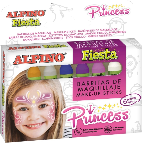 Alpino Fiesta Princess Pack De Maquillaje Con 6 Barritas De Pintura Facial - Se Lava Con Agua - Testado Dermatologicamente