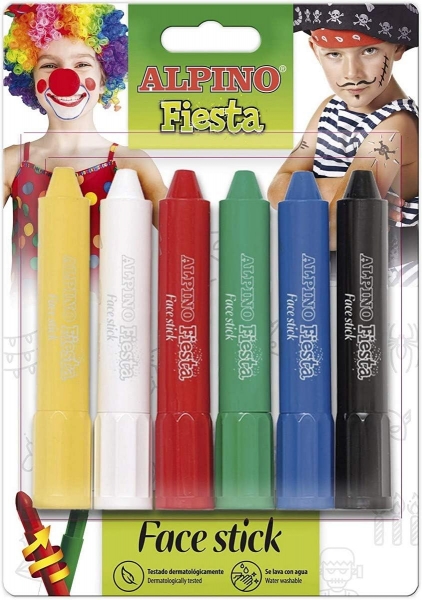 Alpino Fiesta Face Stick Pack Con 6 Barritas De Pintura Facial - Sistema Retractil Giratorio - Se Lava Con Agua - Testado Dermatologicamente