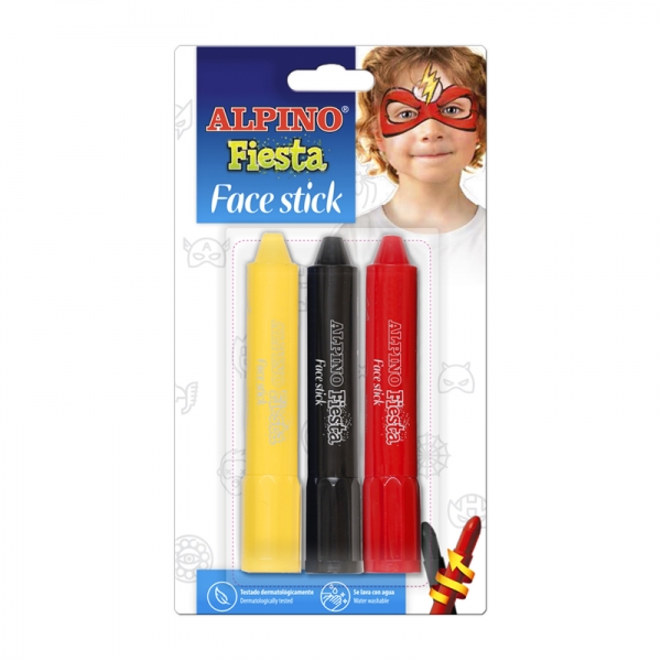 Alpino Fiesta Face Stick Pack Con 3 Barritas De Pintura Facial - Sistema Retractil Giratorio - Se Lava Con Agua - Testado Dermatologicamente