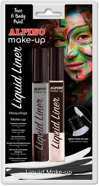 Alpino Make-Up Liquid Liner Pack Con 2 Botes De Maquillaje Liquido Con Aplicador - Se Lava Con Agua - Testado Dermatologicamente - Colores Blanco Y Negro
