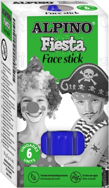Alpino Fiesta Face Stick Pack Con 6 Barritas De Pintura Facial - Sistema Retractil Giratorio - Se Lava Con Agua - Testado Dermatologicamente - Color Azul
