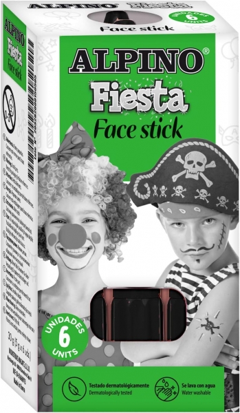 Alpino Fiesta Face Stick Pack Con 6 Barritas De Pintura Facial - Sistema Retractil Giratorio - Se Lava Con Agua - Testado Dermatologicamente - Color Negro