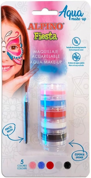 Alpino Fiesta Aqua Make-Up Pack Torre De Maquillaje Facial Acuarelable Con 5 Colores Diferentes + Pincel + Esponja - Se Lava Con Agua Y Jabon - Testado Dermatologicamente - Colores Surtidos