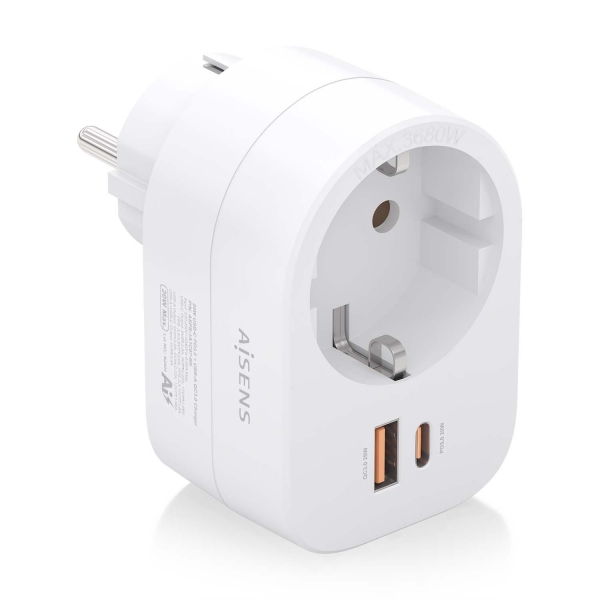 Aisens Regleta De Pared Multifuncion Con 1 Toma + 1Xusb-C 20W Pd3.0 - 1Xusb-A 20W Qc3.0 - Color Blanco