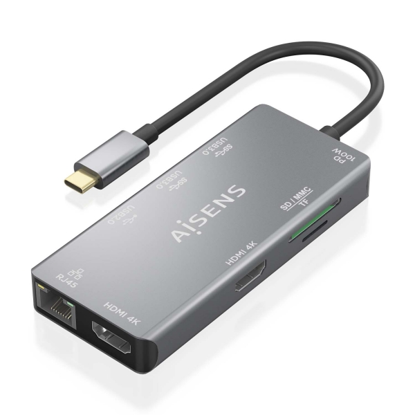 Aisens Usb-C Dock 9 En 1 - Usb-C A 2Xhdmi - 1Xrj45 - 2Xusb-A Usb3.0 - 1Xusb-A Usb2.0 - 1Xusb-C Pd - 1Xsd - 1Xmicro Sd - 15Cm - Color Gris