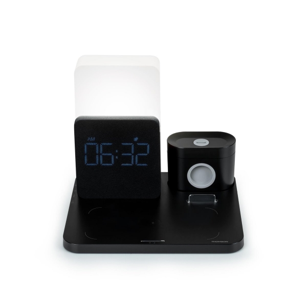 Thomson Reloj Despertador Con Estacion De Carga Inalambrica Para Smartphone, Smartwatch - Carga Usb-C Para Auriculares - Pantalla Lcd - Luz Nocturna Led - Color Negro