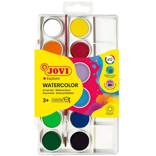Jovi Pack De 12 Acuarelas En Pastilla 22Mm + Pincel - Brillantes - Facilmente Mezclables - Colores Surtidos