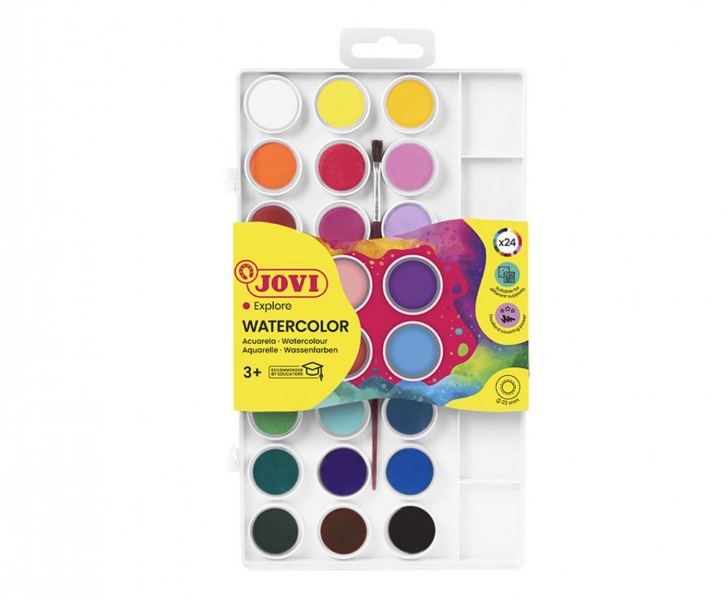 Jovi Pack De 24 Acuarelas En Pastilla 22Mm + Pincel - Brillantes - Facilmente Mezclables - Colores Surtidos