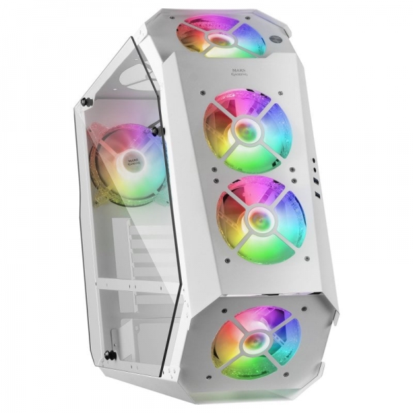 Mars Gaming Mc51 Torre Premium - 5 Ventiladores Argb - Controladora Con Mando - Doble Cristal Templado - 40 Efectos De Luz Rgb - Color Blanco