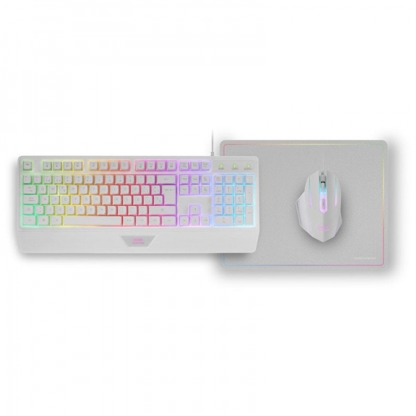 Mars Gaming Mcp124 Combo Gaming 3En1 - Teclado H-Mech Ergonomico - Raton Rgb Switches Huano - Alfombrilla Nanotextil Rainbow - Compatibilidad Multiplataforma - Color Blanco