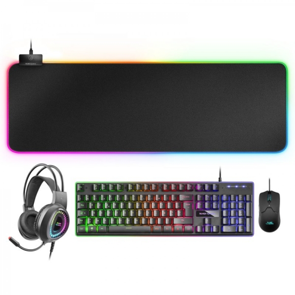 Mars Gaming Mcpexfr Combo Gaming 4 En 1 - Teclado H-Mech Frgb - Raton 10K Dpi Ultraligero - Auriculares Rgb Flow - Alfombrilla Xxl Rgb - Compatibilidad Multiplataforma - Color Negro