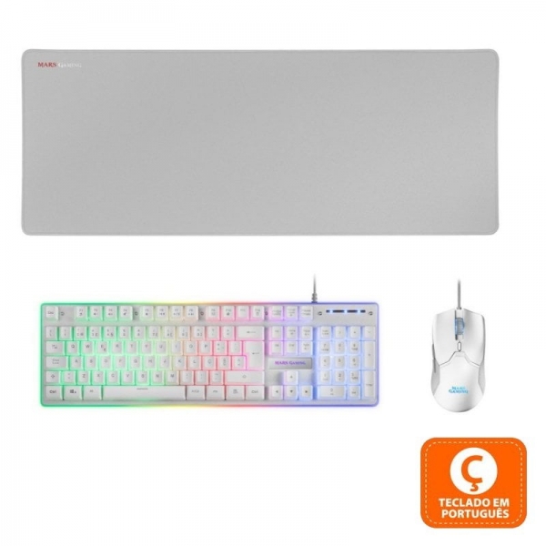 Mars Gaming Mcpx Combo Gaming Premium - Teclado Hibrido H-Mech - Raton 10K Dpi Ultra Ligero - Alfombrilla Xxl - Iluminacion Frgb Rainbow - Color Blanco