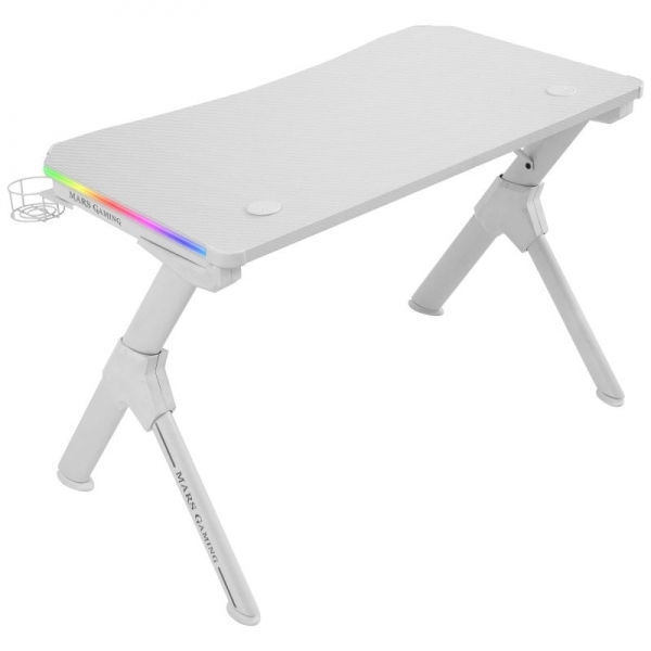 Mars Gaming Mgd Rgb Mesa Gaming - Iluminacion 3D Argb - Estructura De Acero - Tablero De Fibra De Carbono - Soportes Externos - Gestion De Cableado - Montaje Rapido - Color Blanco