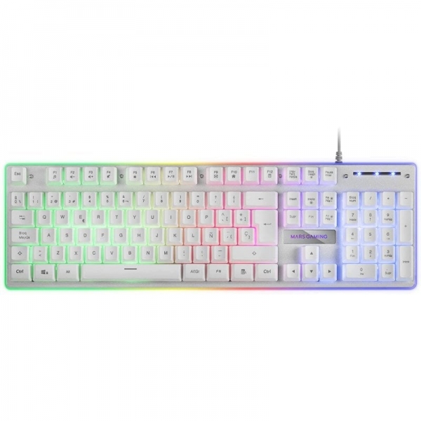 Mars Gaming Mk220 Teclado Hibrido H-Mech - Iluminacion Frgb Rainbow - Diseño Ergonomico - Panel De Aluminio - Anti-Ghosting Avanzado - Color Blanco