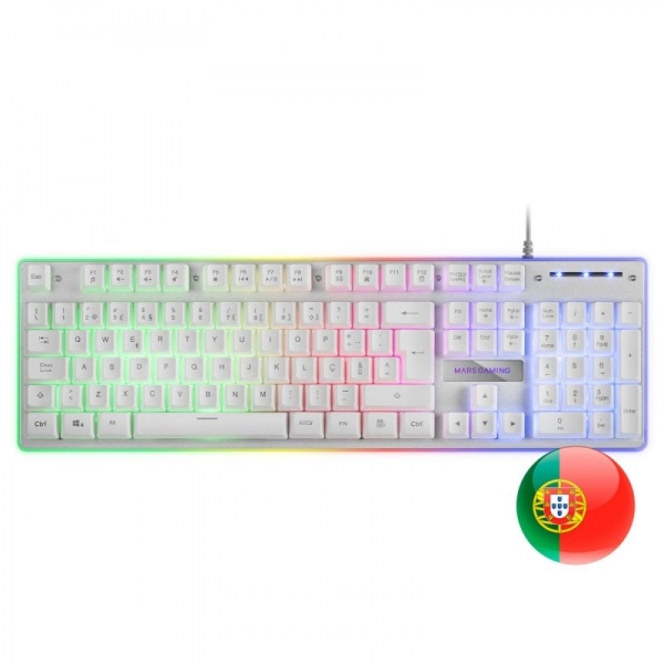 Mars Gaming Mk220 Teclado Hibrido H-Mech - Iluminacion Frgb Rainbow Halo - Diseño Ergonomico - Panel De Aluminio - Anti-Ghosting Avanzado - Portugues - Color Blanco