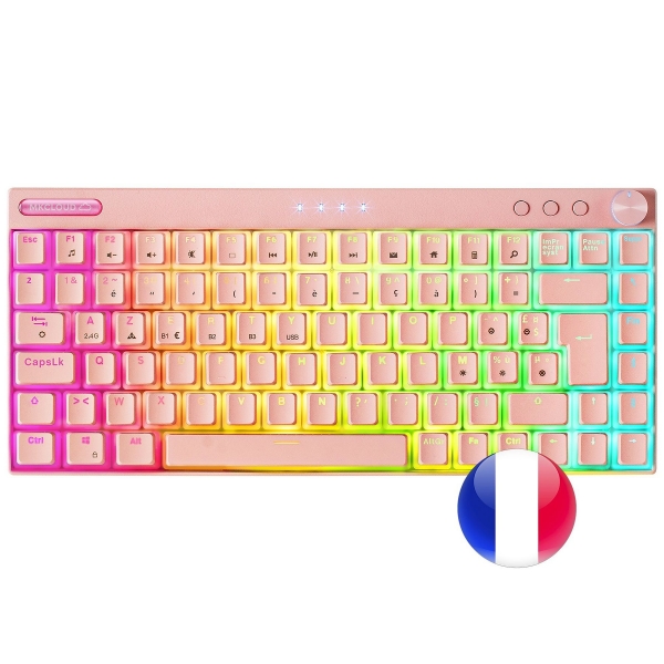 Mars Gaming Teclado Premium - Triple Conexion - Tamaño Ultra-Compacto 75% - Switch Outemu Sq Pro Azul - Iluminacion Rgb - Bateria 200H - Frances - Color Rosa