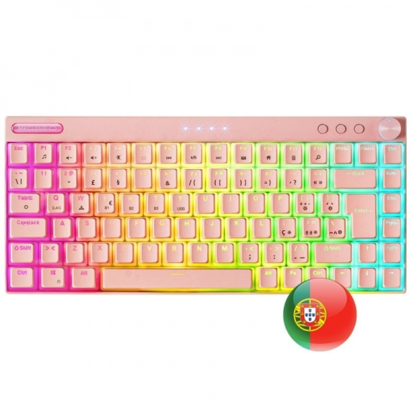 Mars Gaming Teclado Premium - Triple Conexion - Tamaño Ultra-Compacto 75% - Switches Mecanicos Antipolvo - Iluminacion Rgb Chroma - Bateria 200H - Portugues - Color Rosa