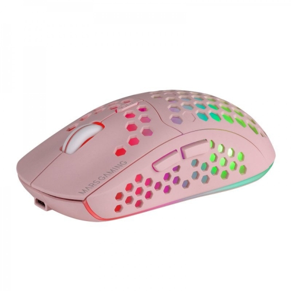 Mars Gaming Mmw3 Raton Inalambrico Ultraligero - Rgb Flow - Sensor Optico 3200 Dpi - Switches Huano - Bateria Recargable - Diseño Ergonomico Rosa - Color Rosa
