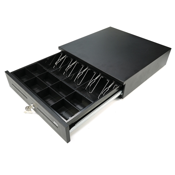 Avpos Cash-U290 Cajon Portamonedas 41Cm Automatico - 5 Posiciones Billetes - 8 Posiciones Monedas - Rj11 - Acero Alta Resistencia - Color Negro