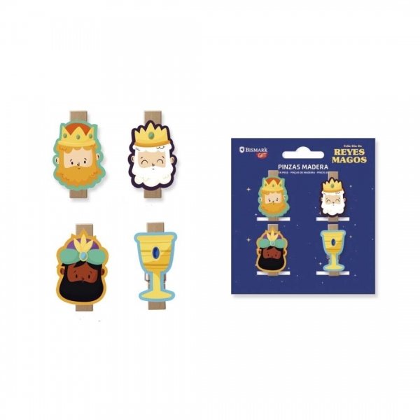 Bismark Pack De 4 Pinzas De Madera Decoradas Con Reyes Magos