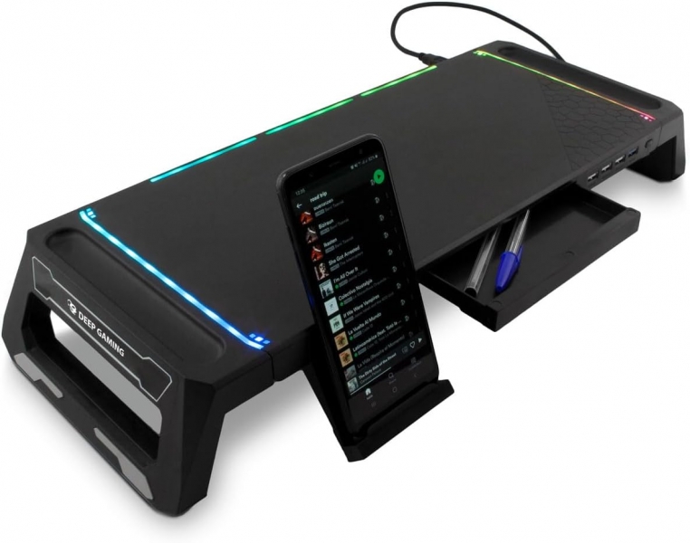 Deepgaming Sn06 Soporte Para Monitor - Ajustable 2 Alturas - Iluminacion Rgb - 3 Puertos Usb 2.0 + 1 Puerto Usb 3.0 - Color Negro