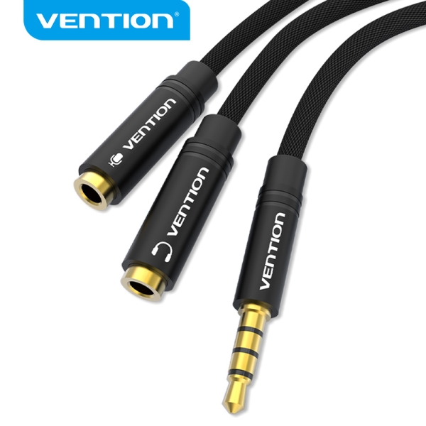Vention Cable Divisor De Audio - Sincronizacion De Audio Y Microfono - Tela Trenzada - Conector Escalonado - Color Negro