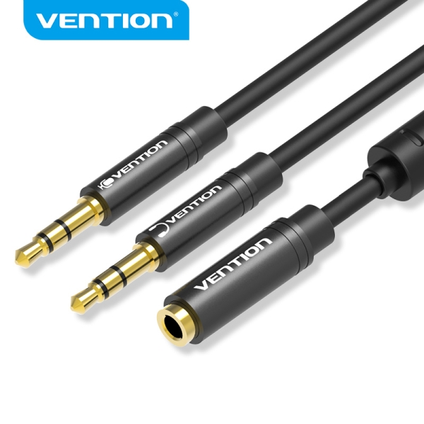 Vention Cable Estereo Negro - 2 En 1 Hembra A Doble Macho - Chapado En Oro - Conductor De Cobre Esmaltado - Carcasa De Aluminio - Color Negro
