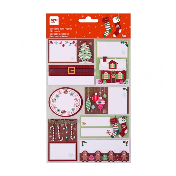 Apli Pack De 8 Etiquetas Adhesivas Navideñas Para Regalos - Tamaños Y Diseños Surtidos - Espacio Para Escribir