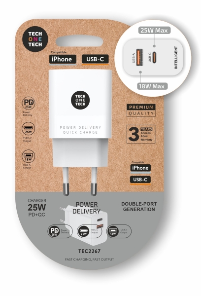 Techonetech Cargador De Pared Pd + Qc 25W 1 Puerto Usb-C 3A + 1 Puerto Usb-A