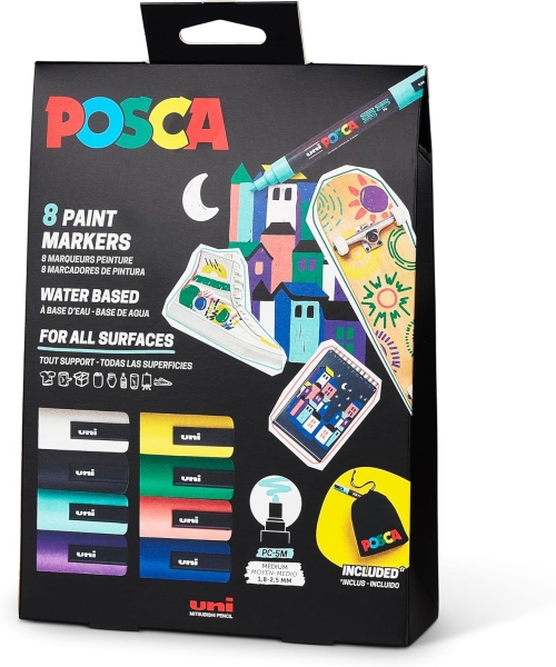 Posca Edicion Limitada Pack De 8 Marcadores De Pintura Pc5M + Regalo Bolsa De Tela - Punta Redondeada 1.8-2.5Mm - Tinta Base Al Agua - Colores Surtidos