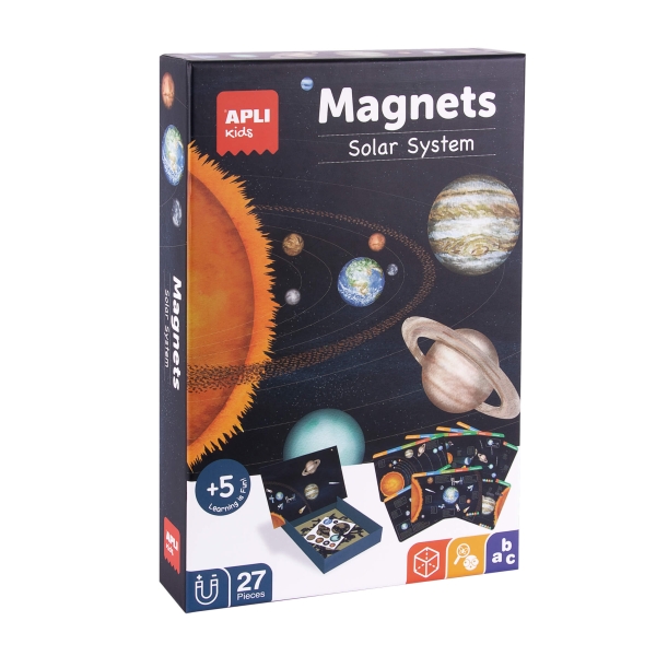 Apli Juego Magnetico El Sistema Solar - Introduccion Al Sistema Solar, Fases Lunares, Estaciones Y Constelaciones - Incluye 27 Imanes De Letras Y 7 Fichas Con Ejemplos