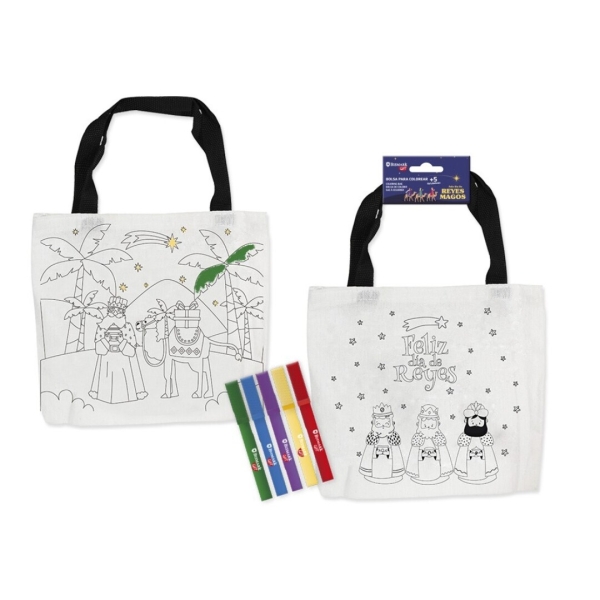 Bismark Bolsa Para Colorear Reyes Magos Con Asas + 5 Rotuladores - Medidas 21.5X20Cm Sin Contar Las Asas - 2 Diseños