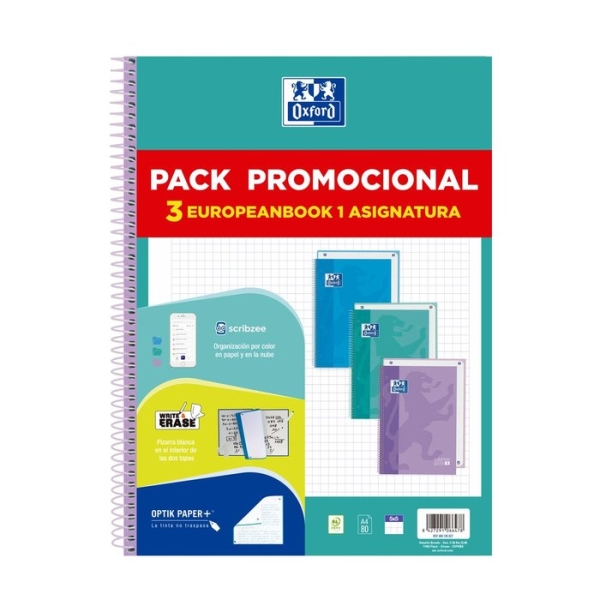 Oxford Europeanbook 1 Touch Pack De 3 Cuadernos Espiral Formato A4+ Cuadriculado 5X5Mm - 80 Hojas 90Gr - Tapa Extradura Tacto Suave - Recuadro De Color - Colores Pastel Surtidos