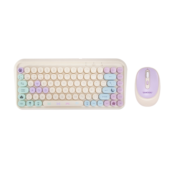 Fr-Tec Tanooki Cozy Pack De Teclado Inalambrico Bluetooth Y 2.4Ghz + Raton Inalambrico Bluetooth Y 2.4Ghz 1600Dpi, 3 Botones, Uso Ambidiestro - Pegatinas Incluidas - Colores Pastel