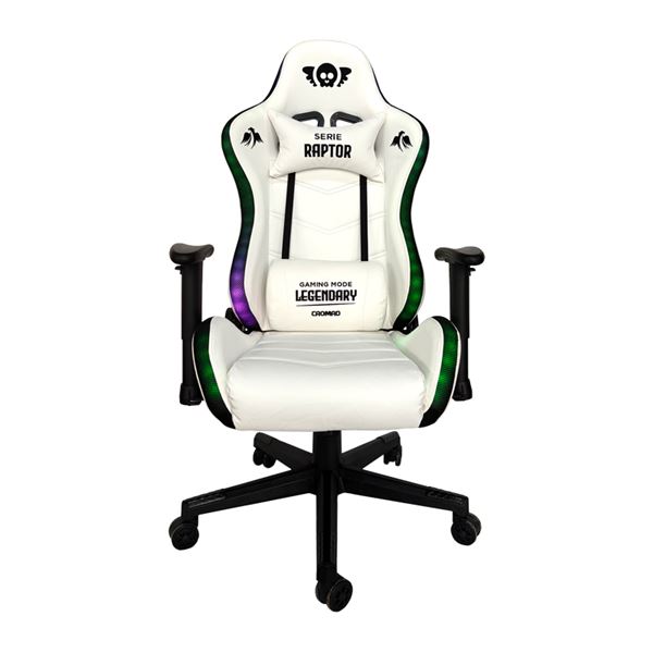 Cromad Serie Raptor Legendary Silla Gaming - Altura Regulable Con Piston De Gas Clase 2 - Reclinable Hasta 180º - Cojines Lumbar Y Cervical - Ruedas De Nailon De 60Mm - Iluminación Rgb - Color Blanco