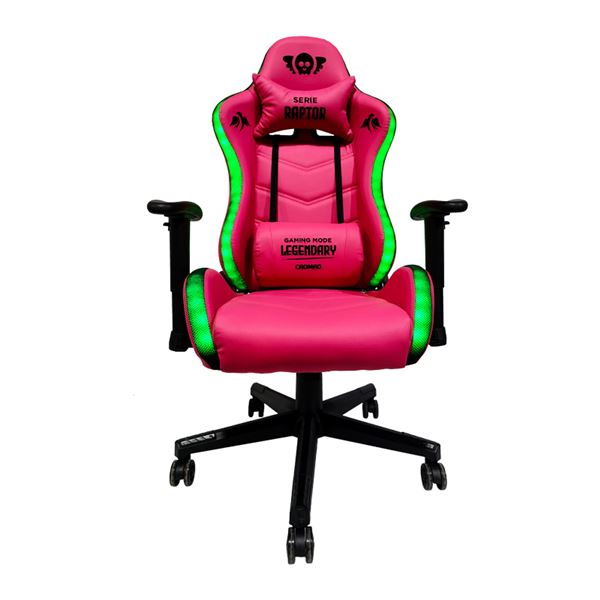 Cromad Serie Raptor Legendary Silla Gaming - Altura Regulable Con Piston De Gas Clase 2 - Reclinable Hasta 180º - Cojines Lumbar Y Cervical - Ruedas De Nailon De 60Mm - Iluminación Rgb - Color Rosa