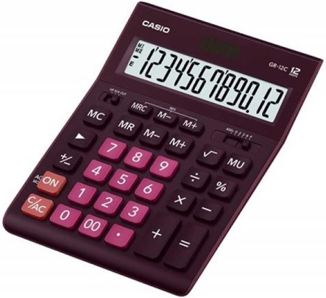 Casio Gr-12C Calculadora De Sobremesa De 12 Digitos - Pantalla Extragrande - Simbolos De Comando De Funcion - Alimentacion Solar Y Pilas - Color Burdeos