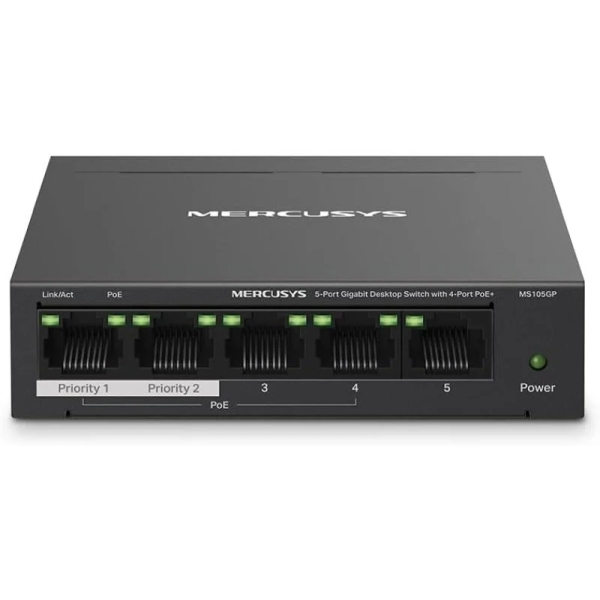 Mercusys Switch 5 Puertos Gigabit Rj45 10/100/1000Mbps - 4 Puertos Poe - Diseño Compacto - Plug & Play - Carcasa De Metal