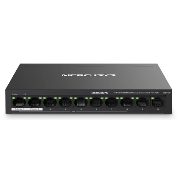 Mercusys Switch 10 Puertos Rj45 10/100Mbps - 8 Puertos Poe - Largo Alcance Hasta 250M En Modo Extendido - Carcasa De Metal