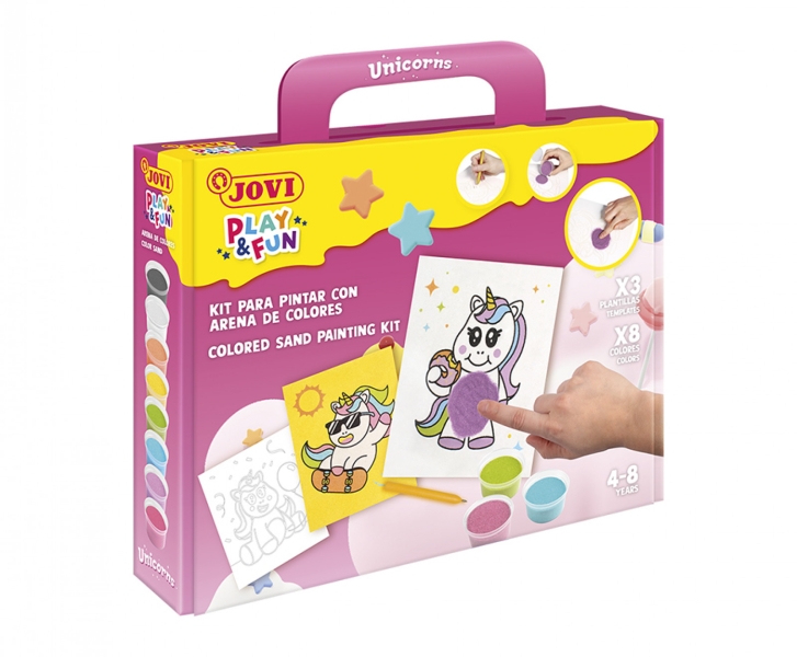 Jovi Play & Fun Kit Pinta Con Arena Unicorns Con 8 Botes De Arena + 1 Punzon + 3 Laminas Con Diseños De Unicornios - Colores Surtidos