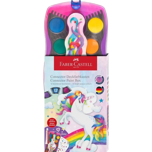 Faber-Castell Connector Unicornio Pack De 12 Acuarelas En Pastilla + Pintura Blanca Opaca + Pegatinas - Gran Opacidad - Facilmente Mezclables - Colores Surtidos