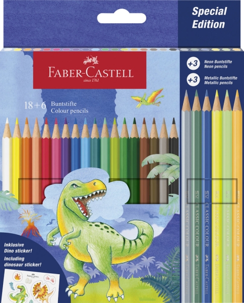 Faber-Castell Edicion Dinosaurios Pack De 24 Lapices De Colores Hexagonales - 18 Colores Clasicos + 3 Colores Neon + 3 Colores Metalizados - Incluye Pegatinas De Dinosaurios - Resistencia A La Rotura - Colores Surtidos