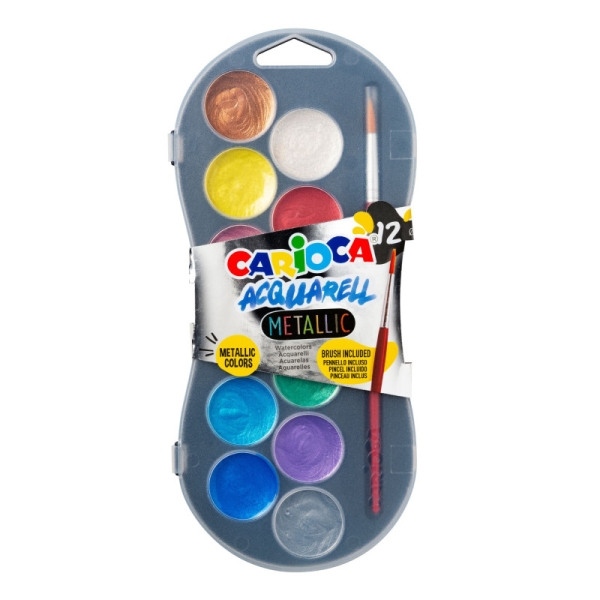 Carioca Acuarell Metallic Pack De 12 Acuarelas En Pastillas De Ø 30Mm - Brillantes - Facilmente Mezclables - Colores Metallic Surtidos