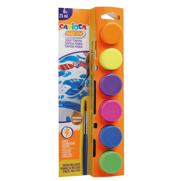 Carioca Neon Pack De 6 Temperas En Botes De 25Ml + Pincel - Superlavables - Mezclables - Colores Neon Surtidos